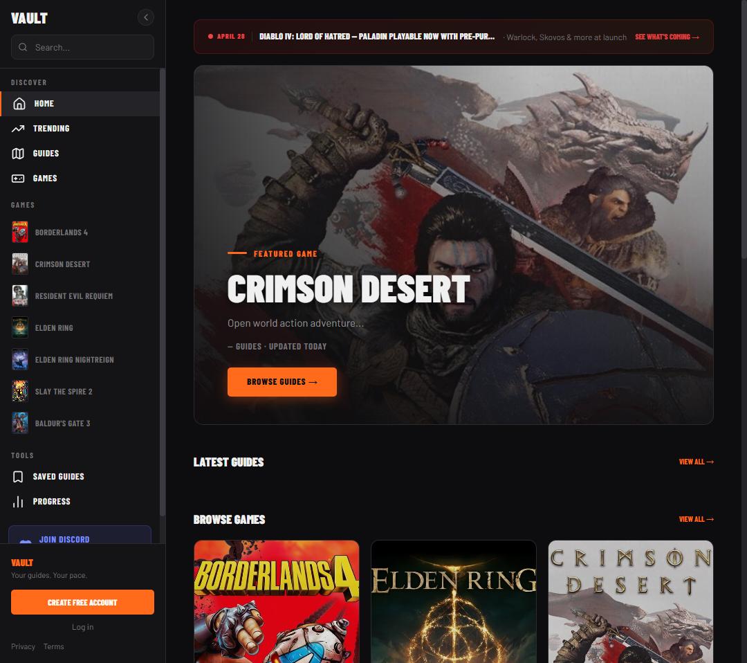 Vault, an ad-free gaming guide site (dark UI, orange accent)